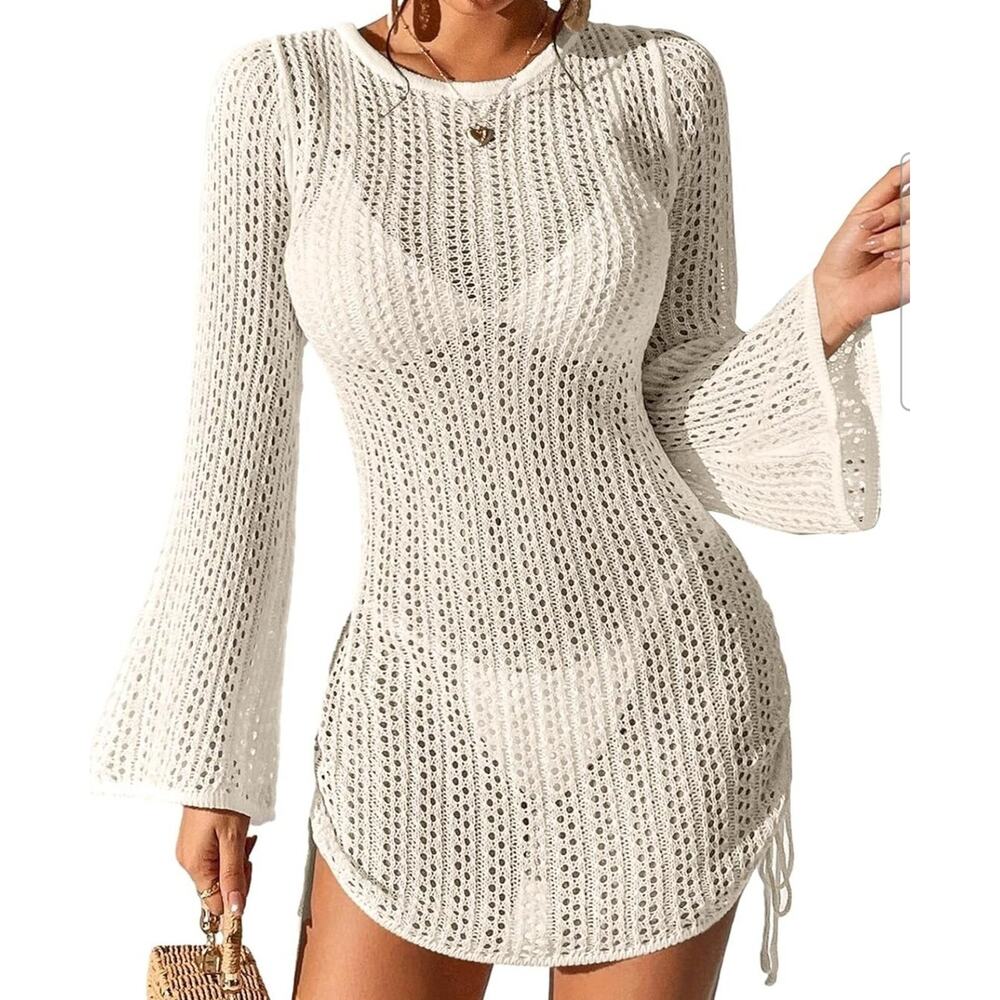Crochet Cover Up Dress Women Medium Bell Sleeve Cinch Sides Open Knit Beige Swim - Picture 4 of 14